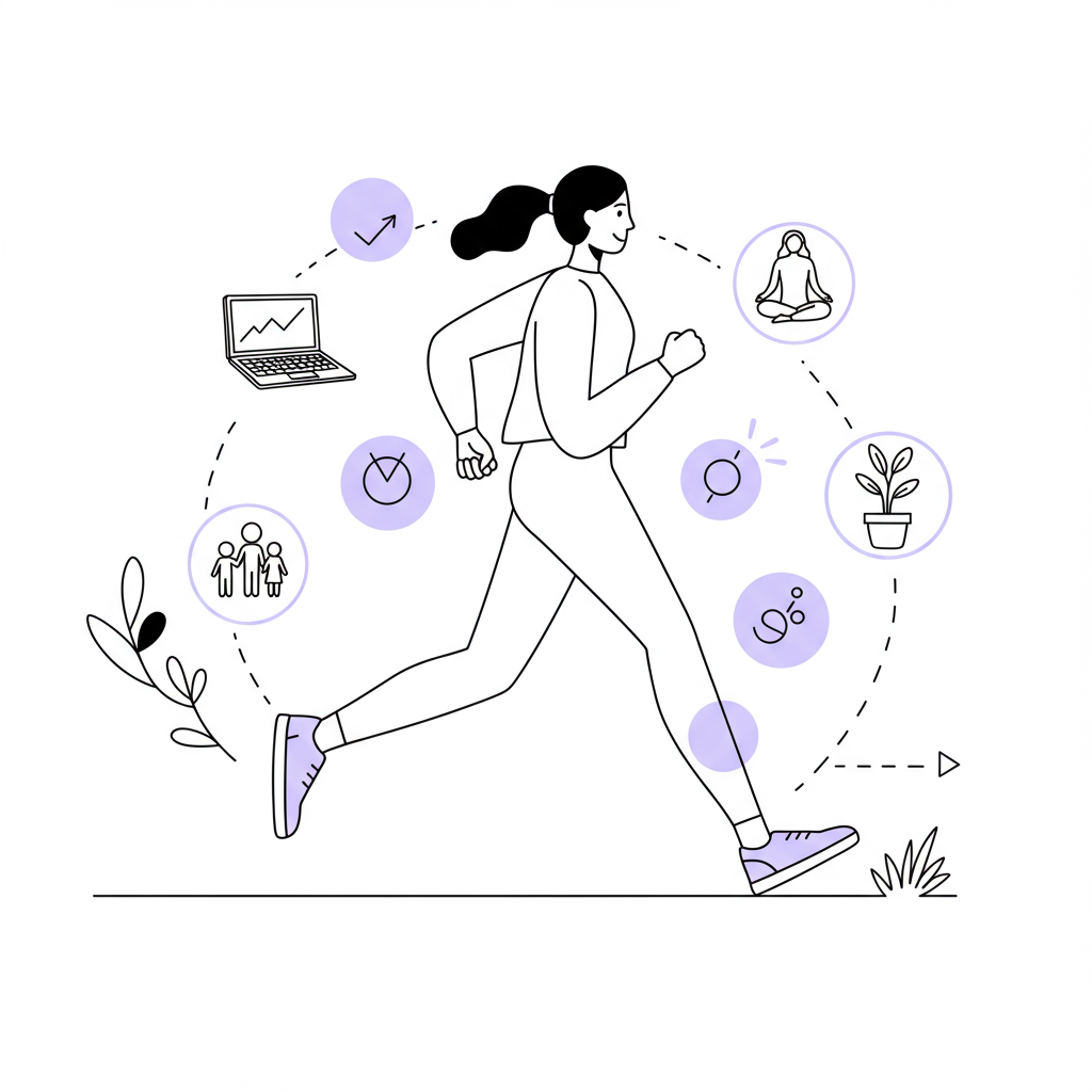 Line art: Woman marathon runner embodying sustainable success; icons of life balance behind, pastel purple sneakers | Femmeprenista