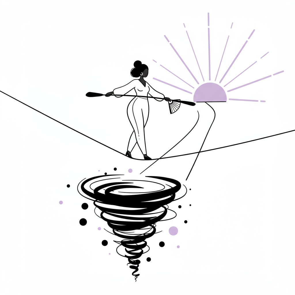 Line art: Black woman tightrope walker transforming fear into focus, validated success, pastel purple sun rays | Femmeprenista