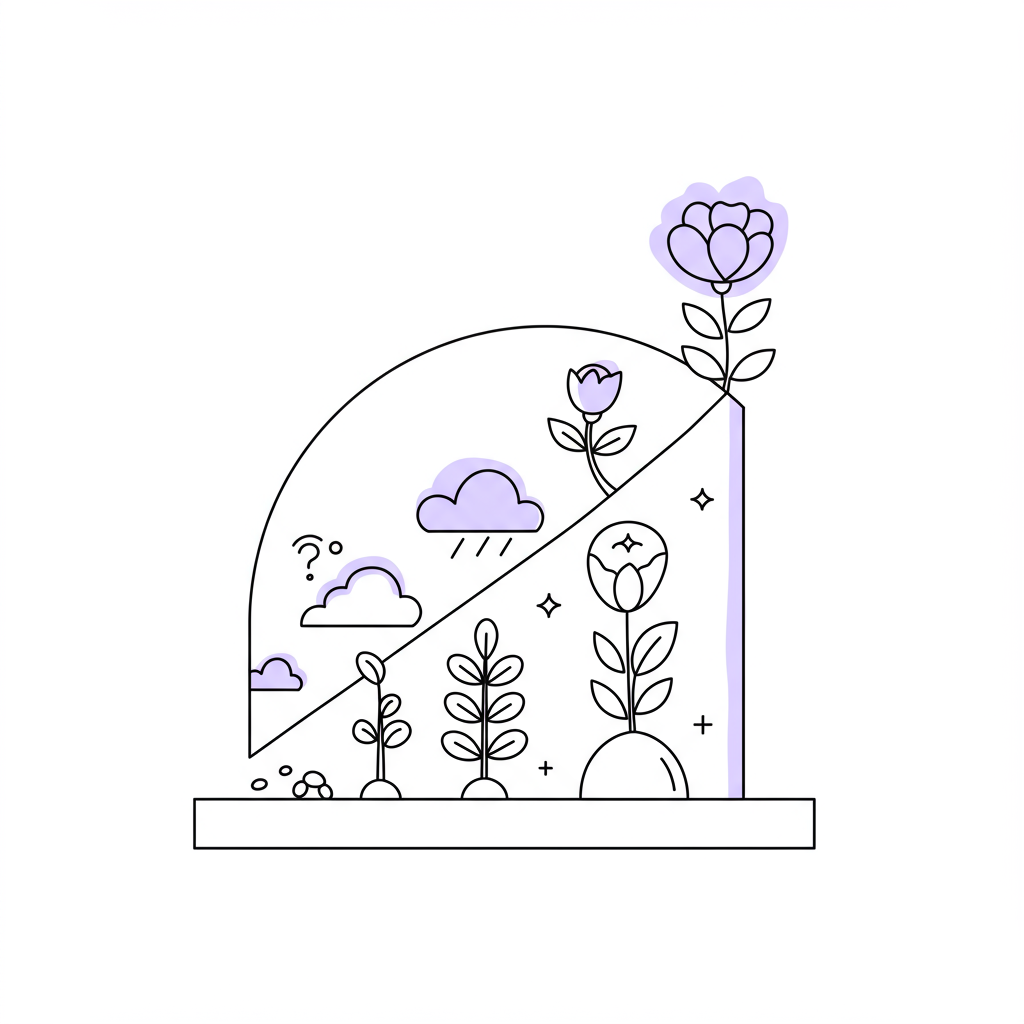 Line art: Upward arc from fear to validated success for female entrepreneurs; black, white, pastel purple flower | Femmeprenista
