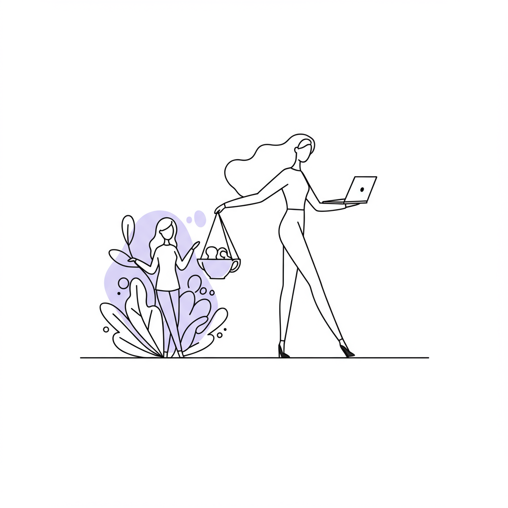 Chic line art: a mom boss balancing motherhood and business with a pastel purple superhero cape, symbolizing empowerment | Femmeprenista