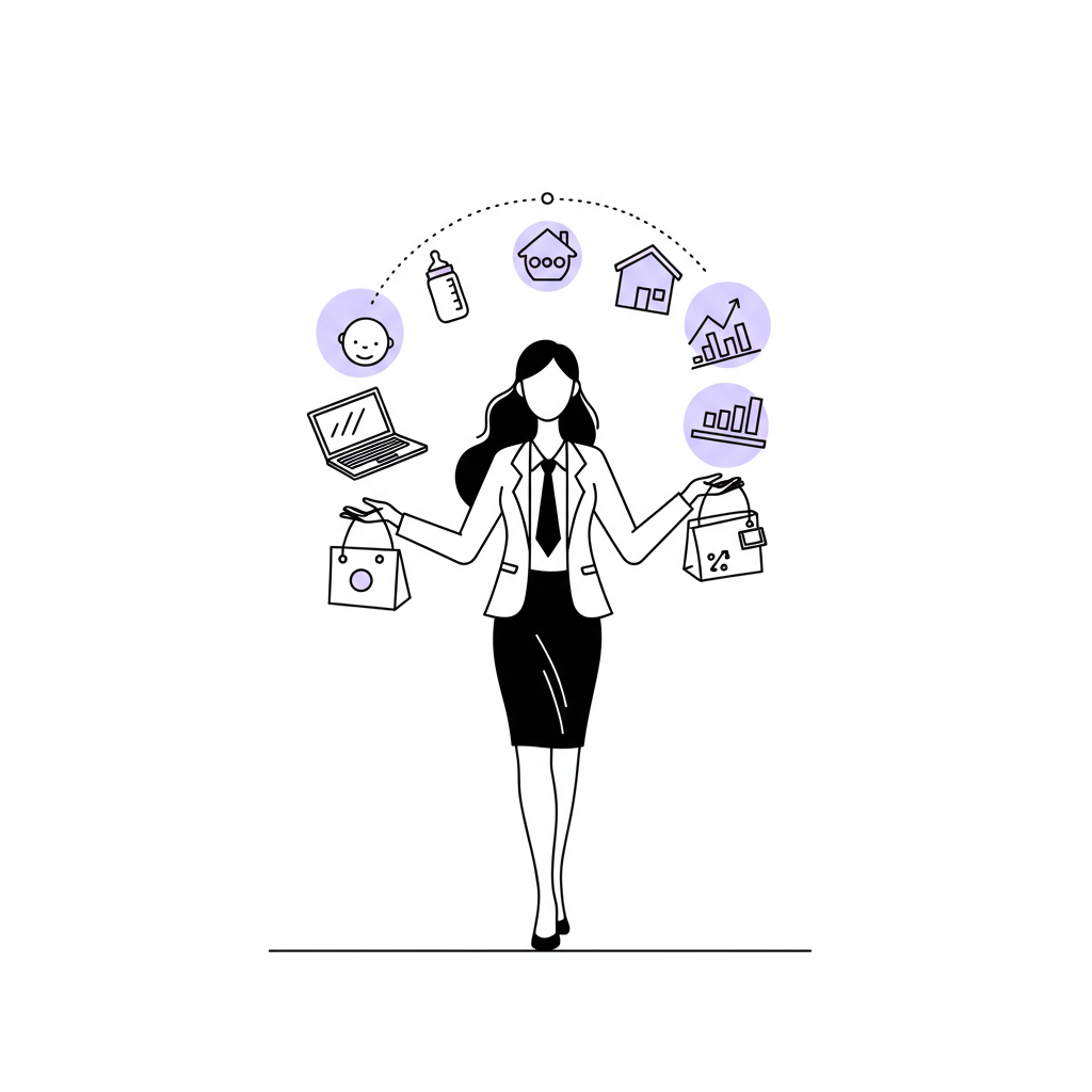 Chic black and white line art: "Super mom" entrepreneur gracefully juggling responsibilities; pastel purple accents highlight her superpower | Femmeprenista