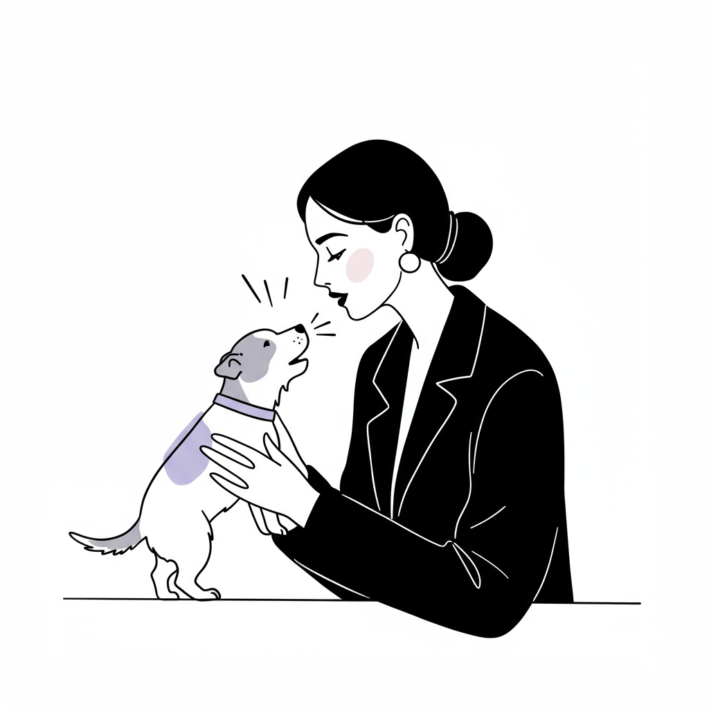 Elegant black and white line art illustration: A woman compassionately holding a barking dog, representing taming your inner critic; pastel purple collar detail | Femmeprenista
