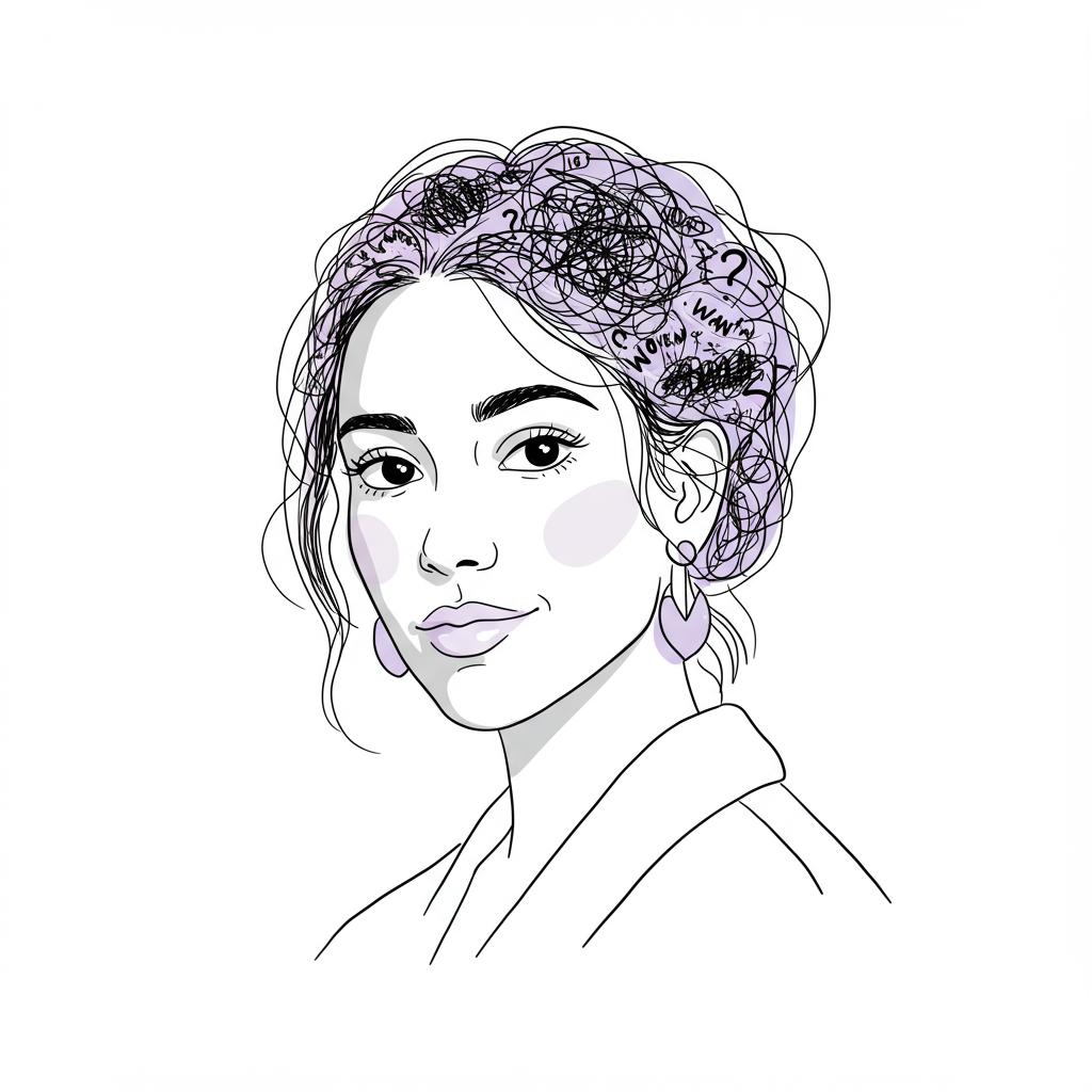 Line art: Resilient woman facing inner critic; pastel purple earrings symbolize self-worth. Taming your inner critic | Femmeprenista