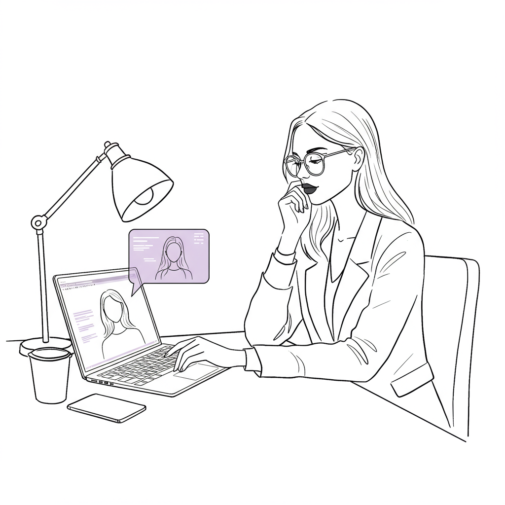 Chic line art: Stylish female entrepreneur connecting with her ideal client; pastel purple glasses, focus on strategy | Femmeprenista