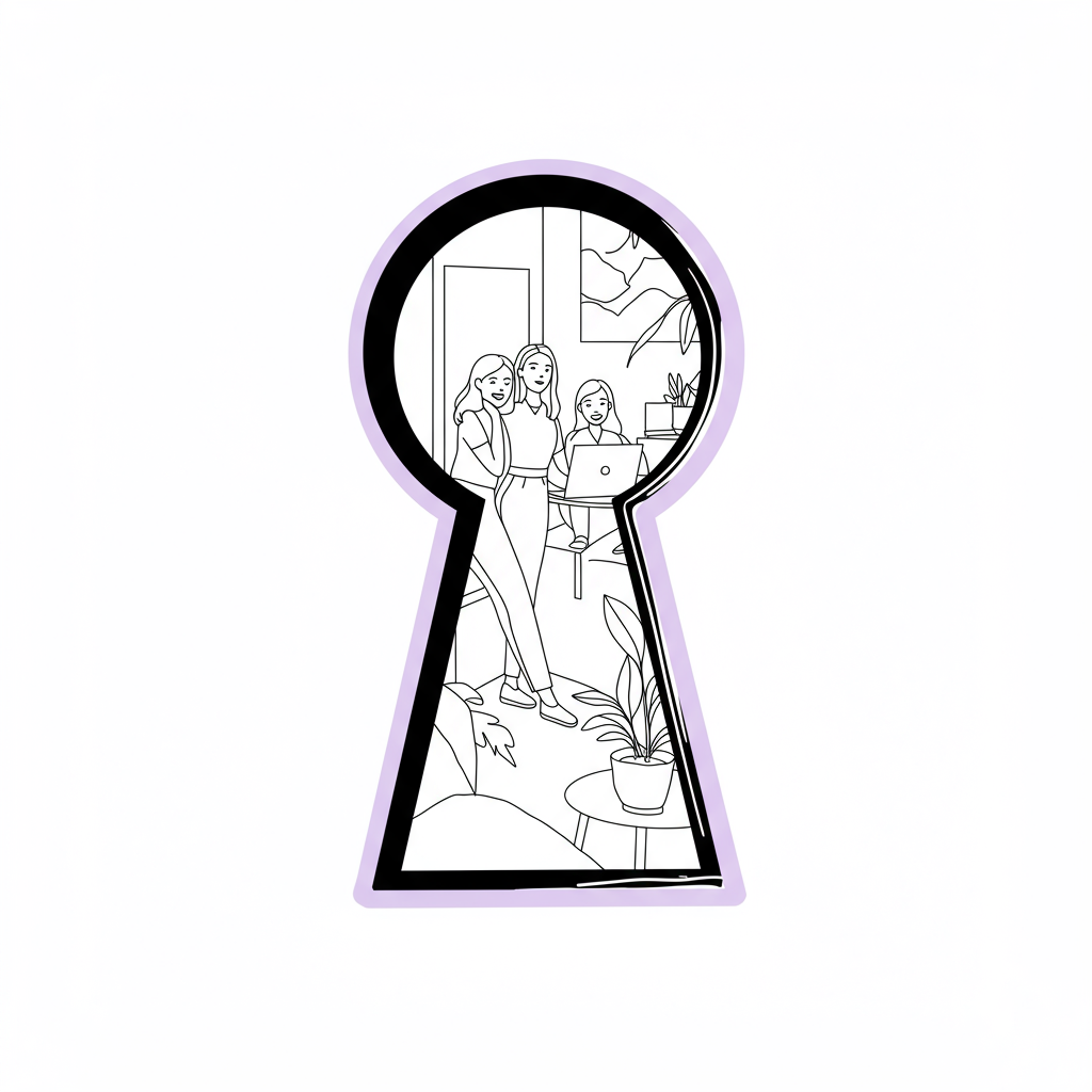 Chic line art: Keyhole reveals an inviting client's lifestyle; black and white illustration with pastel purple highlight | Femmeprenista