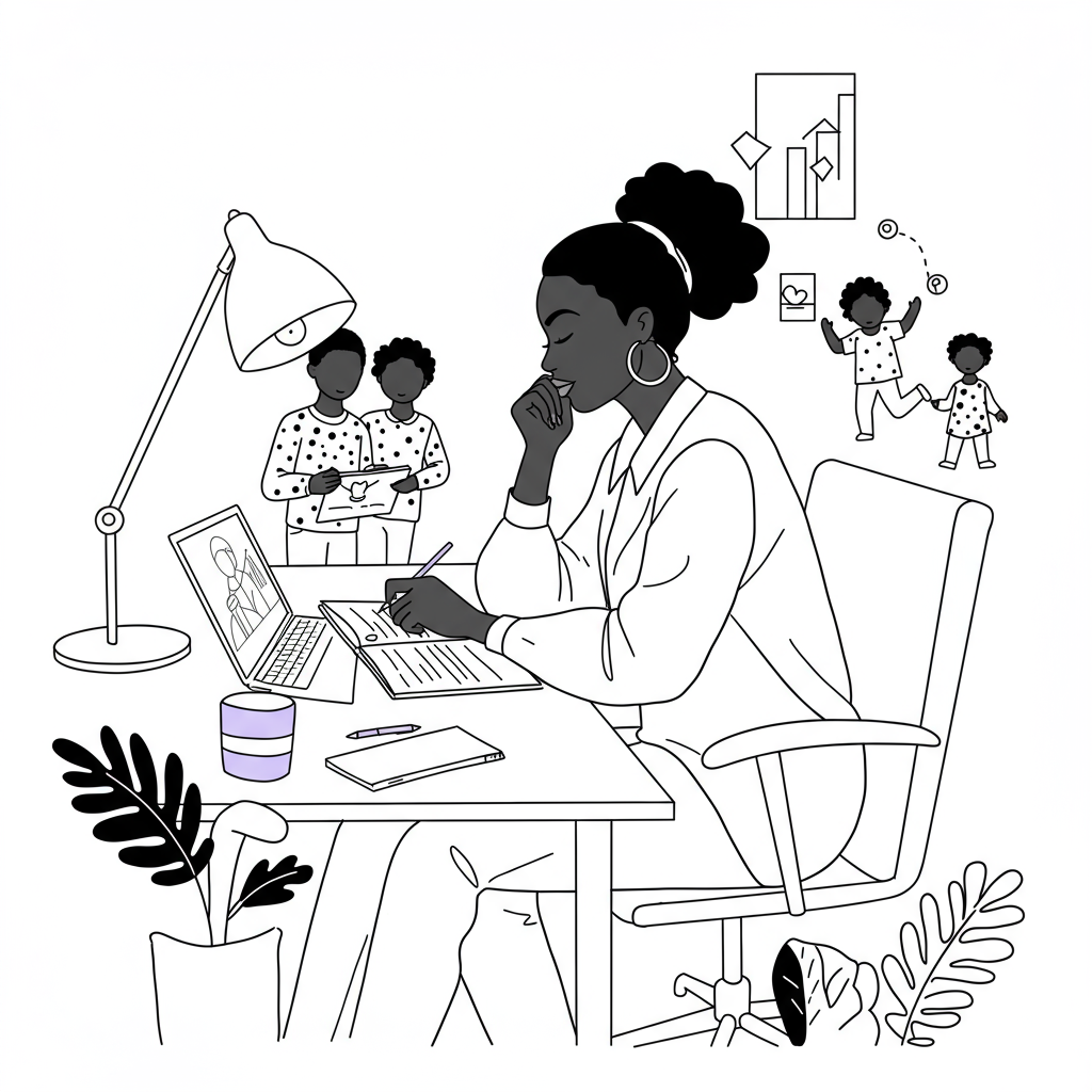 Chic line art: Black woman entrepreneur sketching, family represented by geometric shapes; pastel purple pen | Femmeprenista