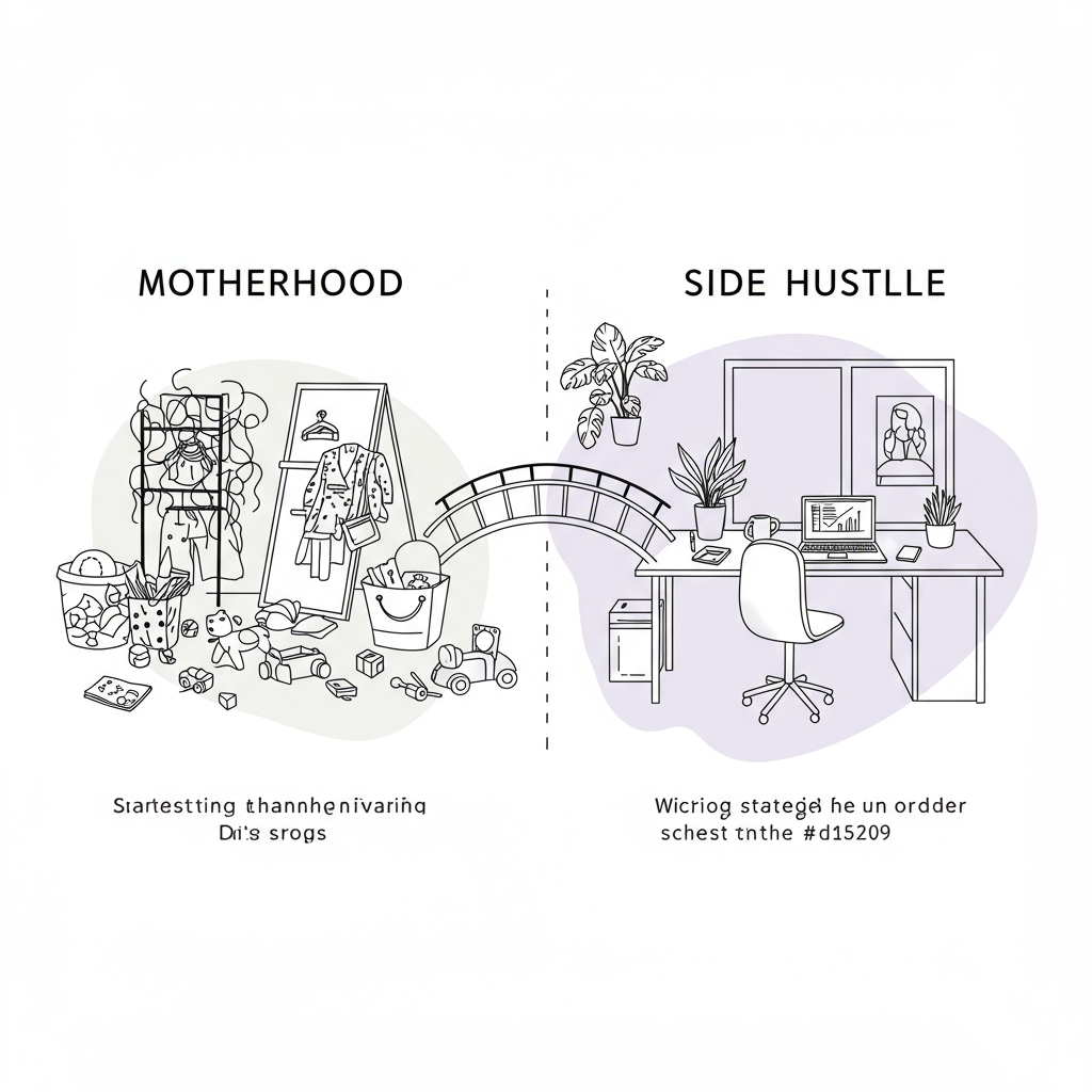 Line art showing the strategic side hustle for mums: chaos transformed into order with a pastel purple flower bridge | Femmeprenista