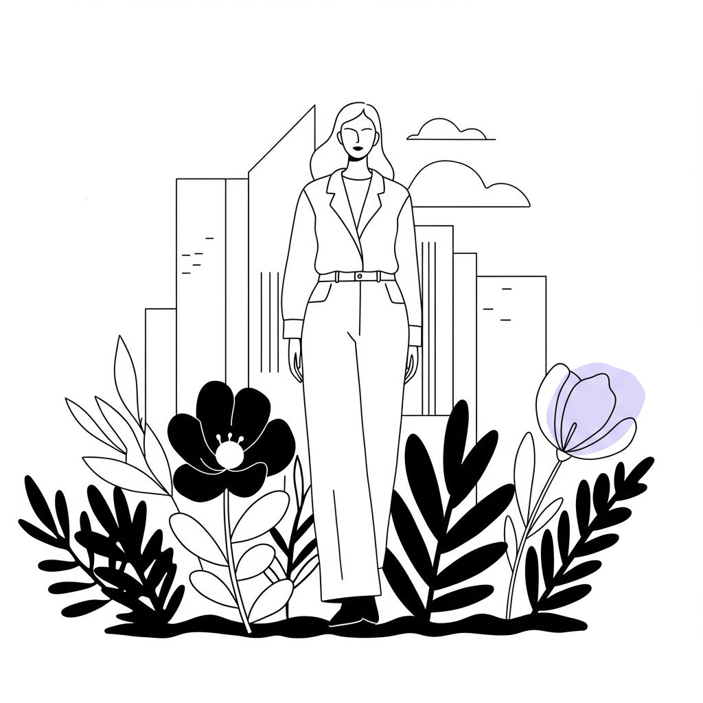 Modern line art: a founder stands strong amidst stylized flowers, buildings hint at company growth, purple accents | Femmeprenista