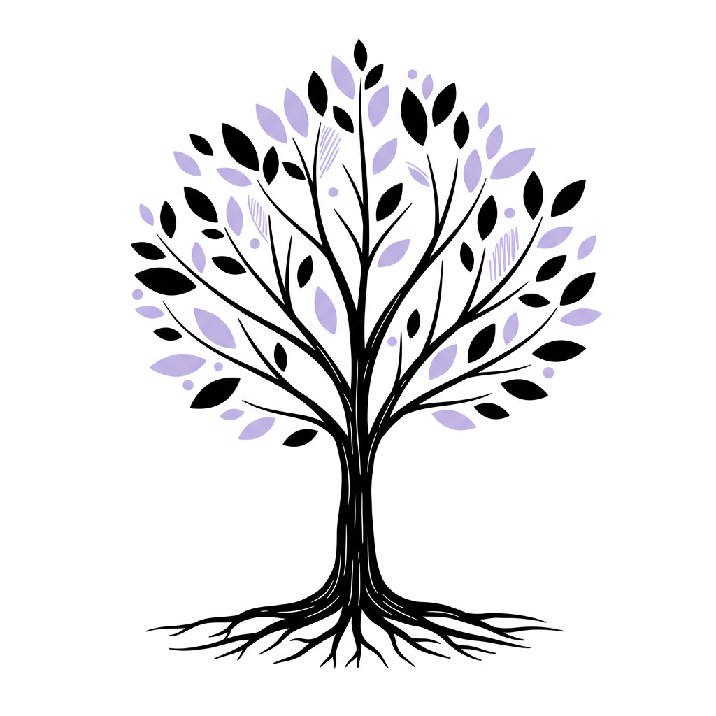 Chic line art of stylized tree symbolizing holistic leadership for female founders; pastel purple leaf accents | Femmeprenista