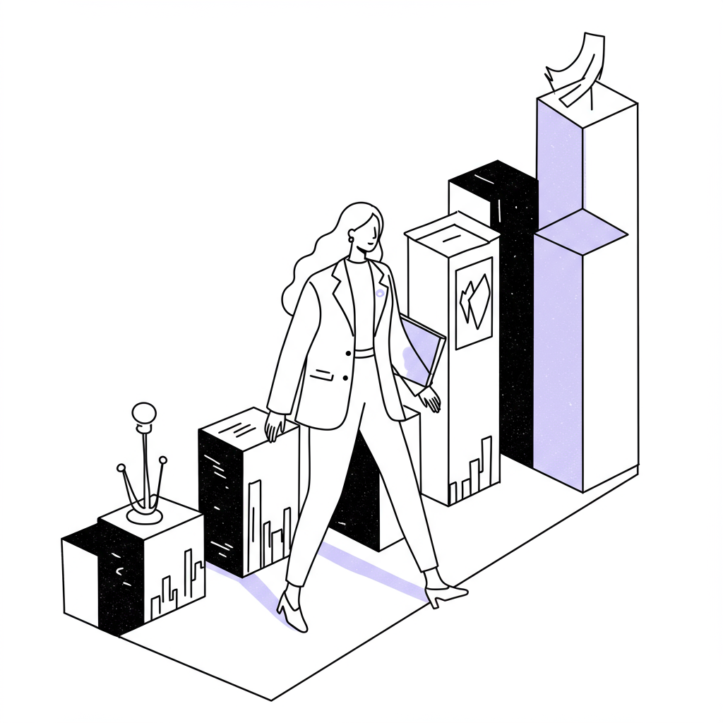Chic line art: Female CEO strides forward, building a legacy; black and white with pastel purple power suit detail | Femmeprenista