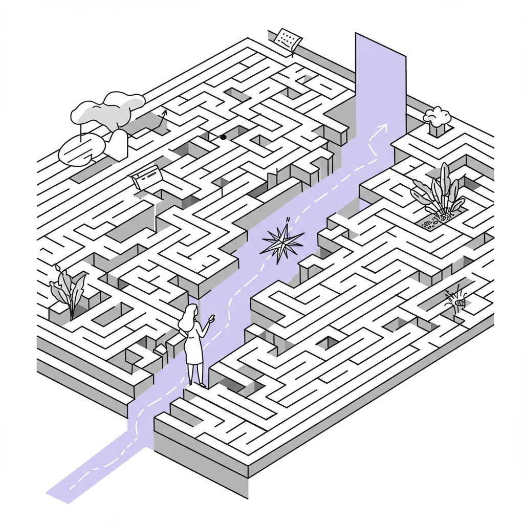 Line art: Female CEO at maze edge, compass points to legacy; black, white, pastel purple compass rose symbolizes guidance | Femmeprenista
