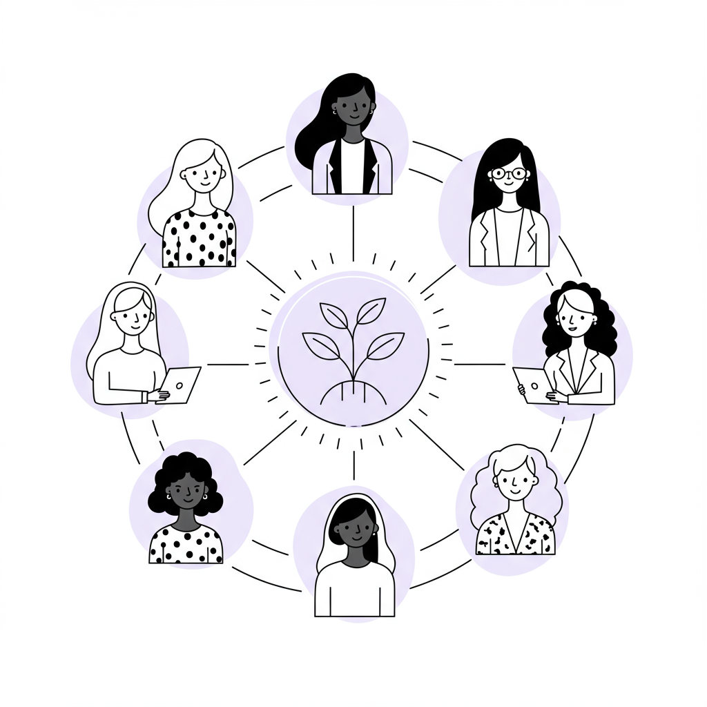Chic line art: Diverse female entrepreneurs connected by lines symbolizing future coaching, pastel purple growth icon. | Femmeprenista