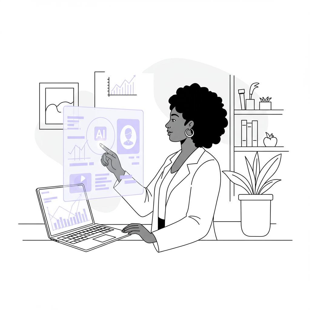 Chic black and white line art: Black female entrepreneur interacts confidently with AI coaching hologram; pastel purple highlight | Femmeprenista