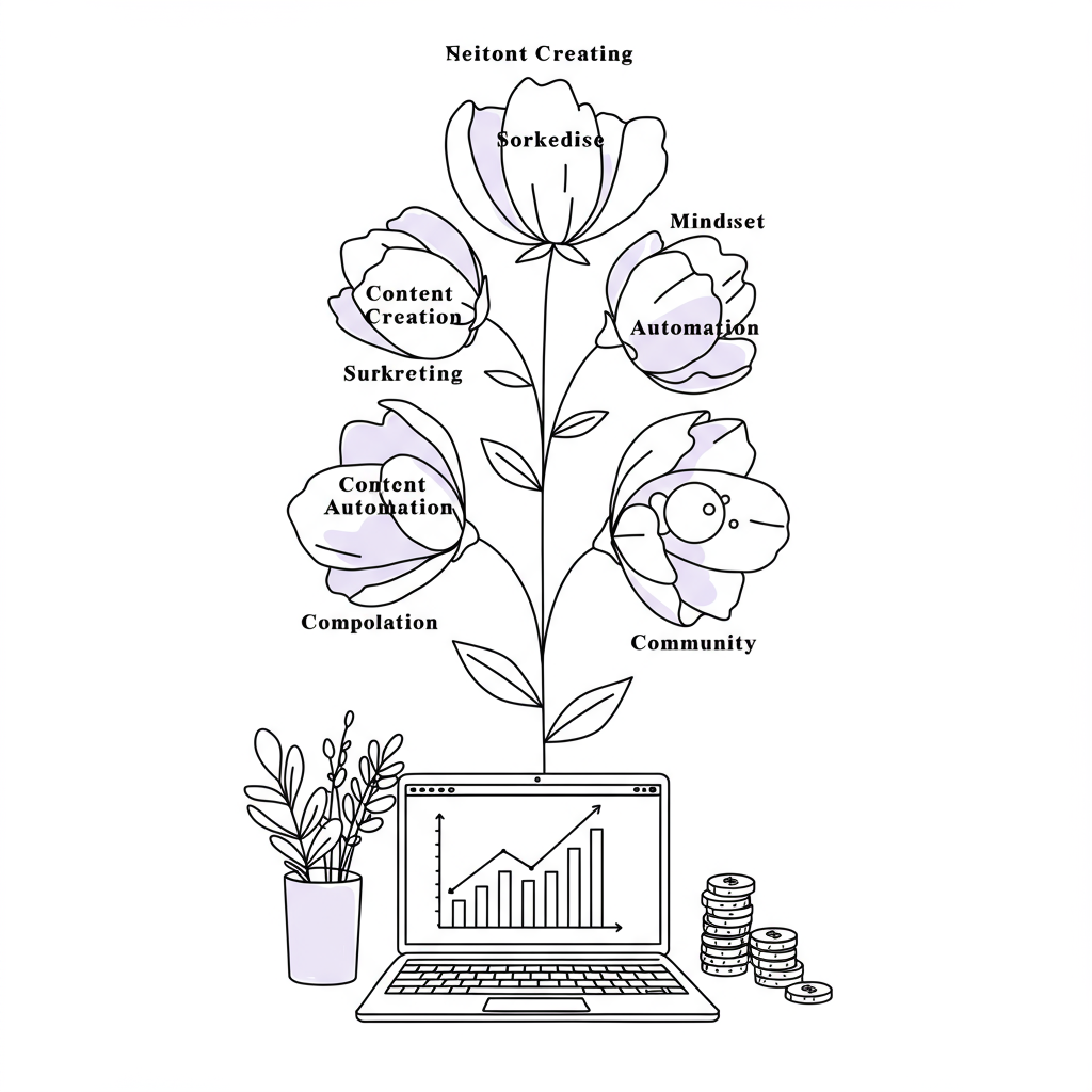 Line art: Chic blossom representing course creation aspects, rooted in laptop showing growth; purple accent on graph | Femmeprenista