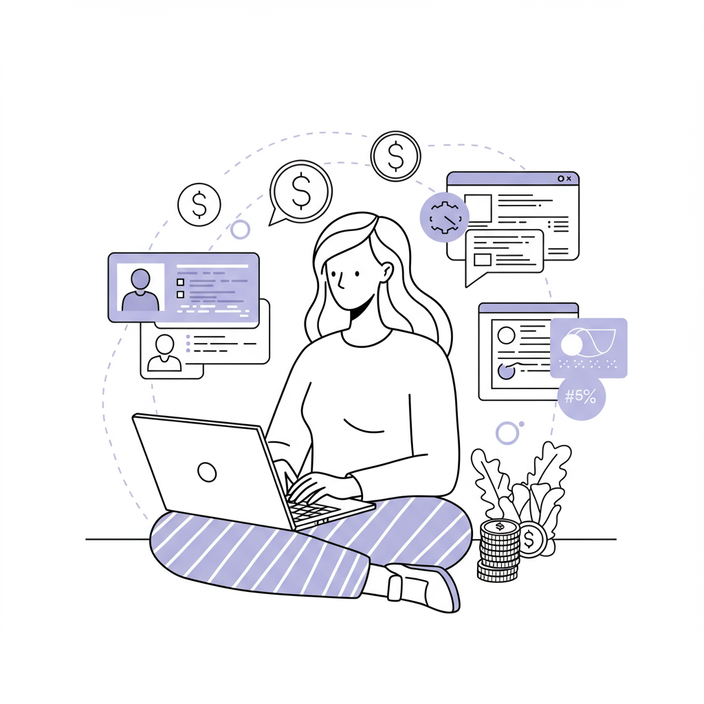 Modern line art illustration of a mom working on a laptop surrounded by course icons with pastel purple dollar signs | Femmeprenista