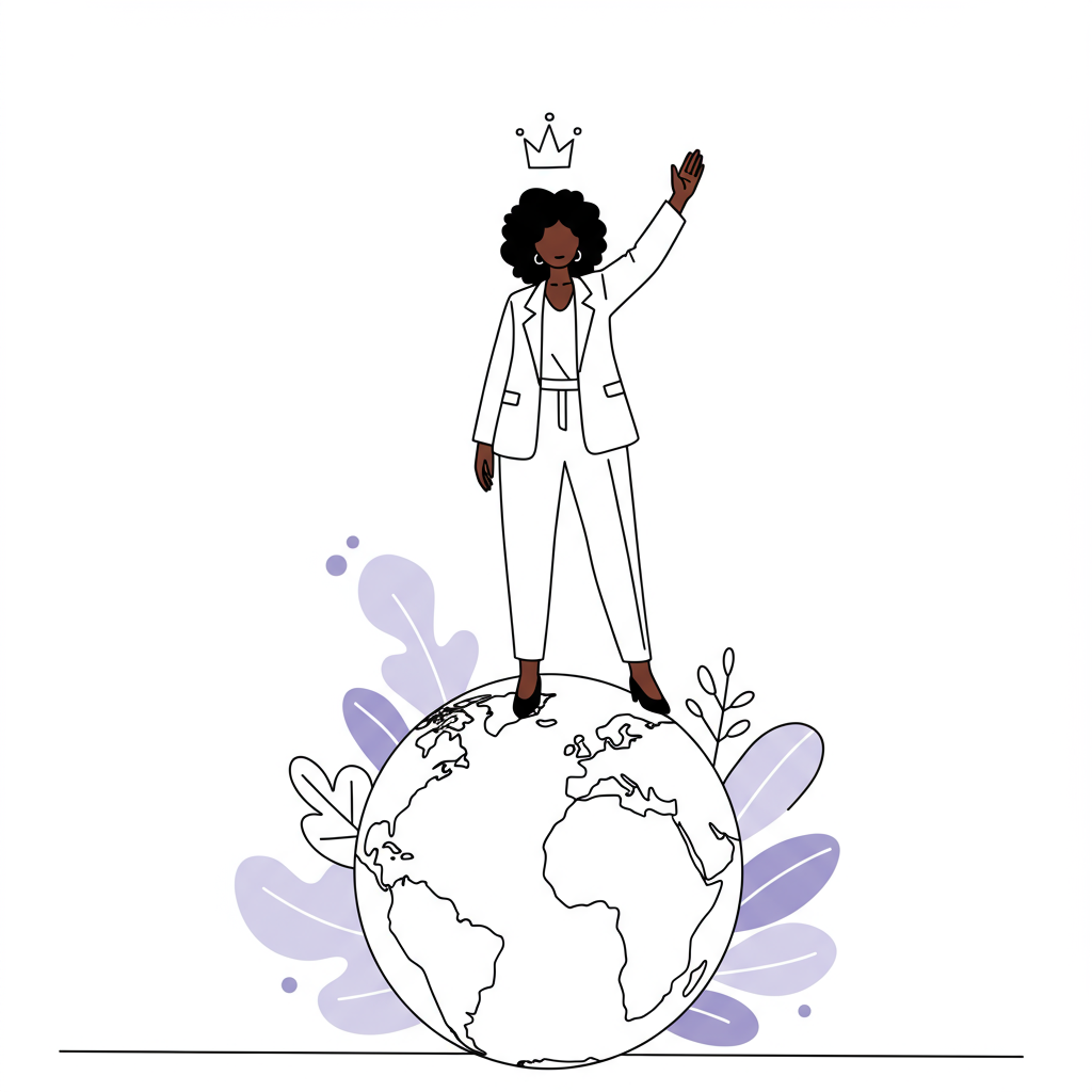 Chic line art: Confident Black woman leader stands atop a globe; pastel purple crown accent | Femmeprenista
