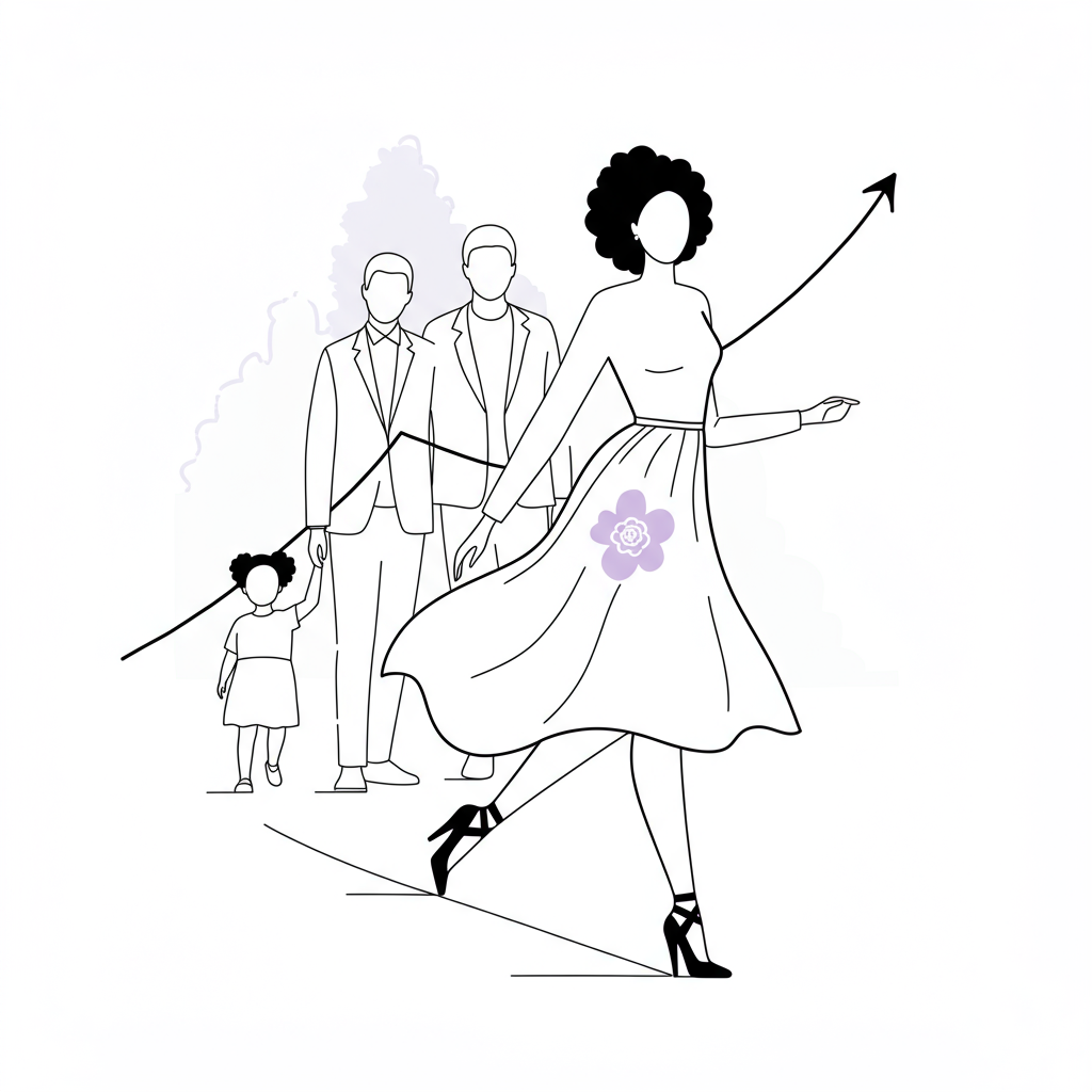 Chic line art: Black female entrepreneur strides forward confidently, family subtly behind, pastel purple flower detail symbolizes her power | Femmeprenista