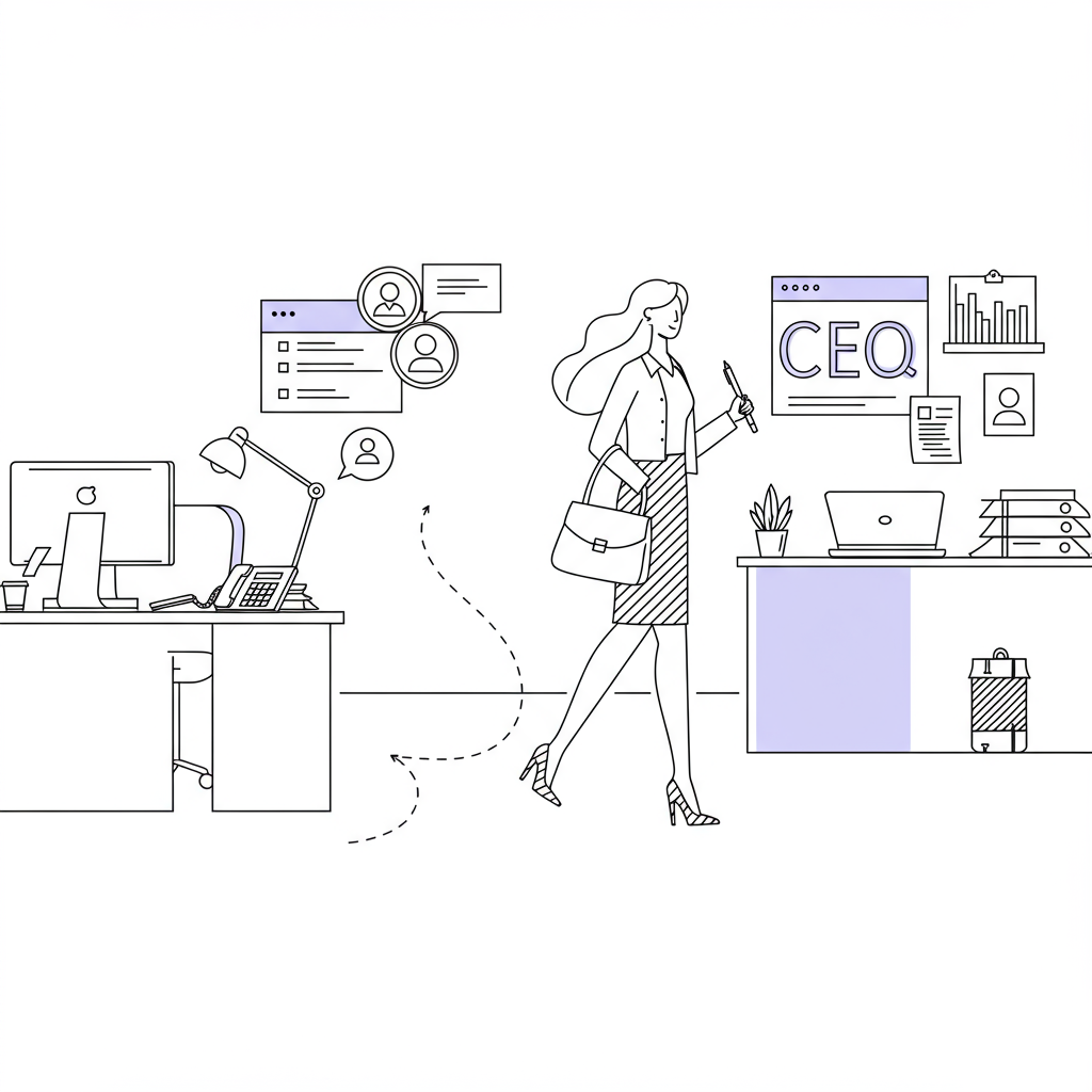 Line art: Woman strides from support role desk to CEO desk, handbag highlighted in pastel purple | Femmeprenista