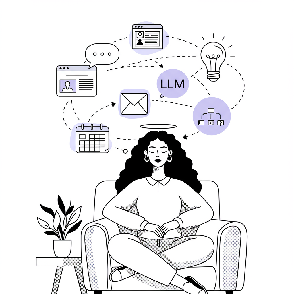 Line art: Serene female entrepreneur with LLM icons orbiting her head, pastel purple lightbulb, symbolizing innovative ideas & time reclaimed | Femmeprenista