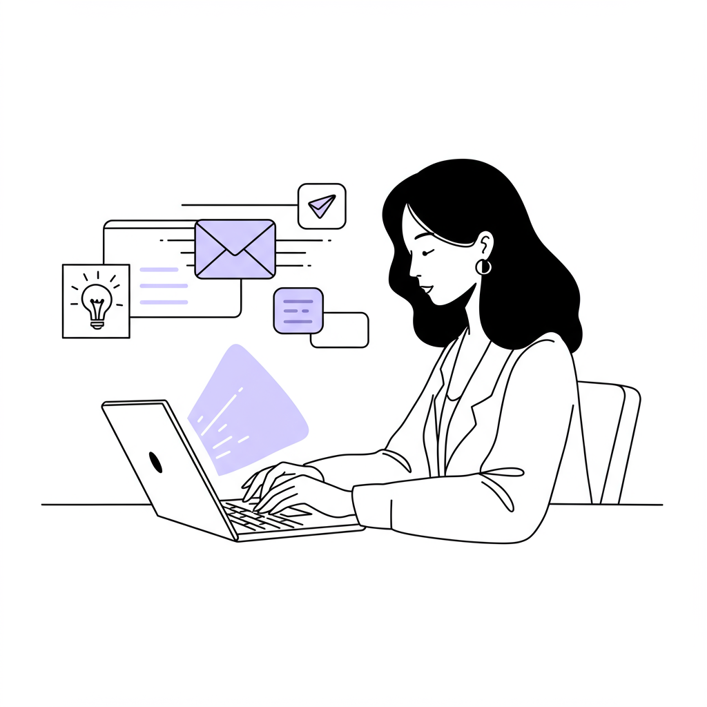 Black and white line art: Female entrepreneur using AI for focus and efficiency, pastel purple highlight | Femmeprenista