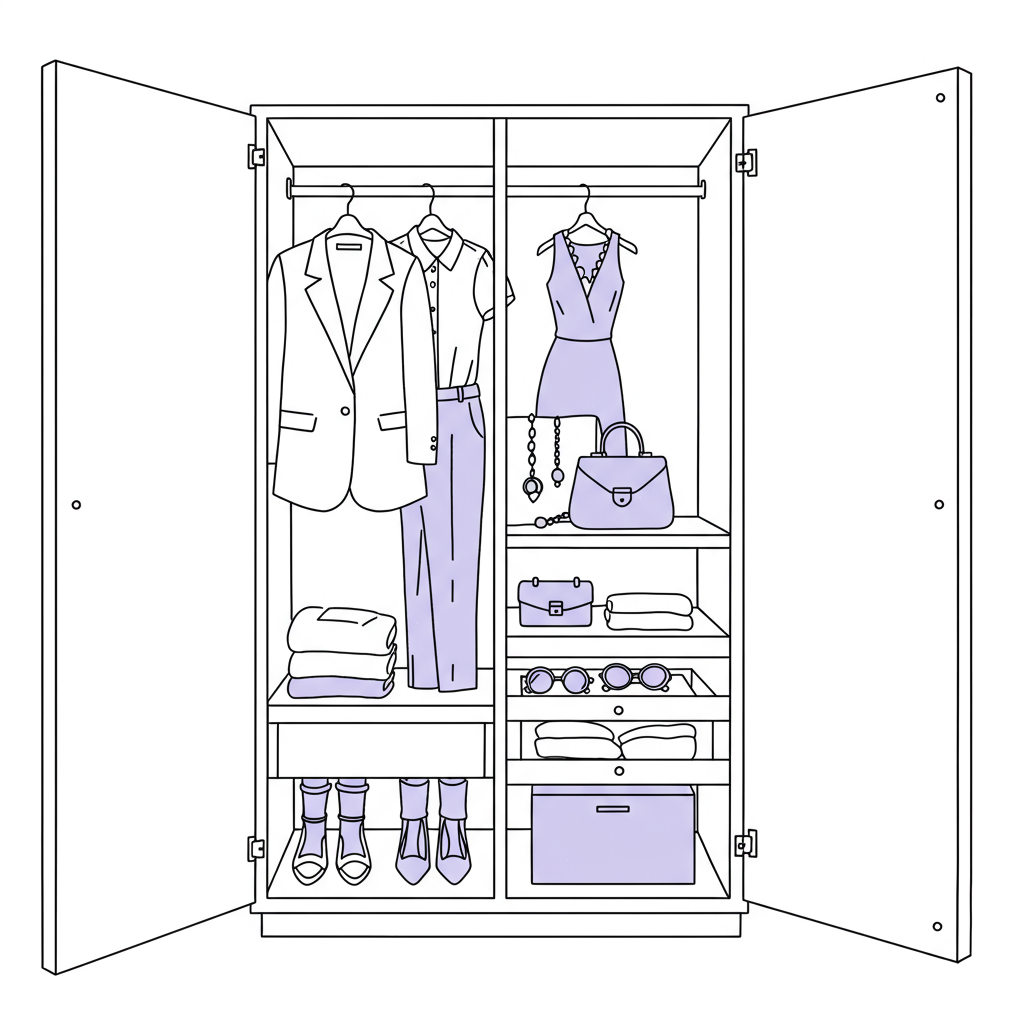 Elegant line art: Capsule business wardrobe interior; black and white with pastel purple accent on handbag clasp | Femmeprenista