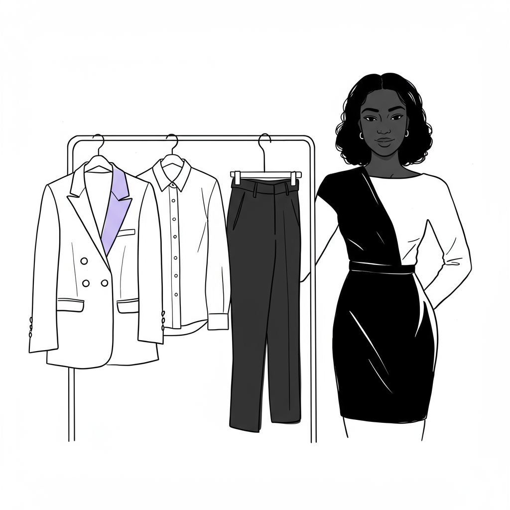 Chic line art: Black female entrepreneur stands confidently before a capsule business wardrobe, pastel purple blazer highlight | Femmeprenista