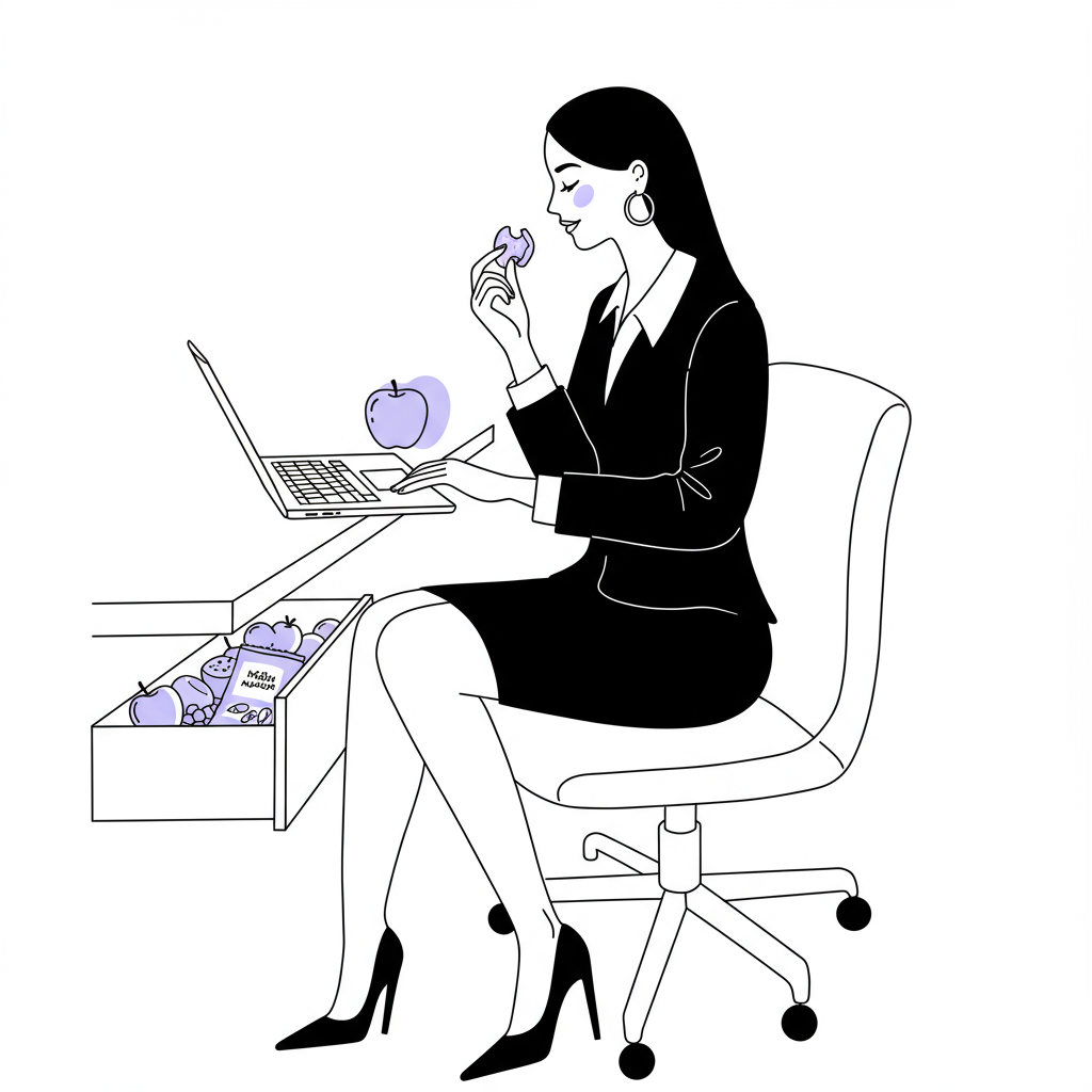 Elegant line art: stylish female entrepreneur multitasking, enjoying a stealth snack; pastel purple accent on fruit | Femmeprenista