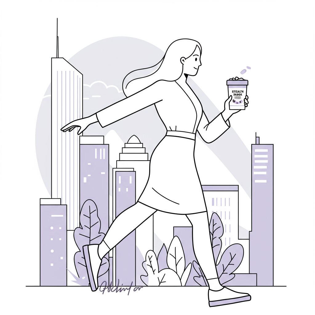 Chic line art: Female entrepreneur in power pose with stealth snack, balanced ambition in black & white with purple accent | Femmeprenista