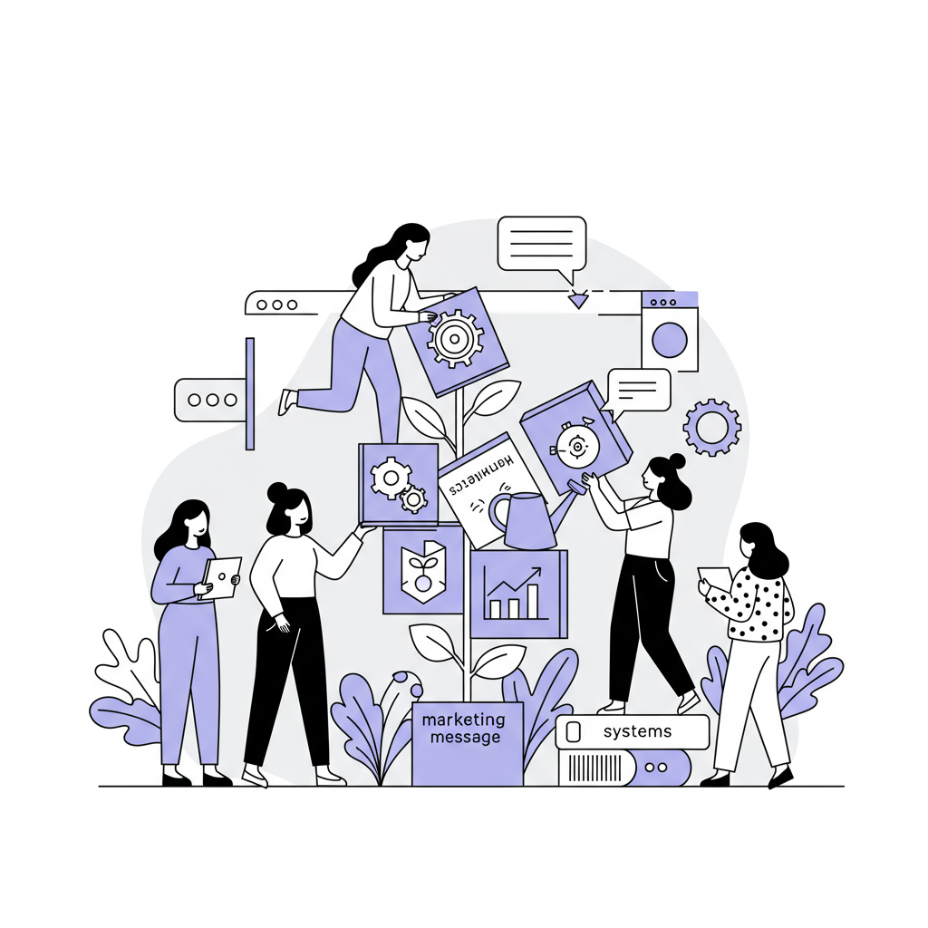 Line art: Female entrepreneurs collaboratively building a service business, nurtured with pastel purple watering can | Femmeprenista