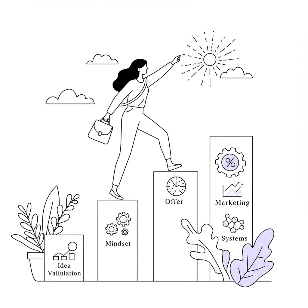 Line art: Woman confidently ascends blocks labeled for launching a service business, reaching for success. Purple handbag accent | Femmeprenista
