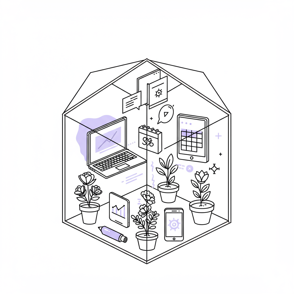 Modern line art "digital garden": stylized tech tools as plants in a minimalist greenhouse, black and white with pastel purple bloom highlight | Femmeprenista