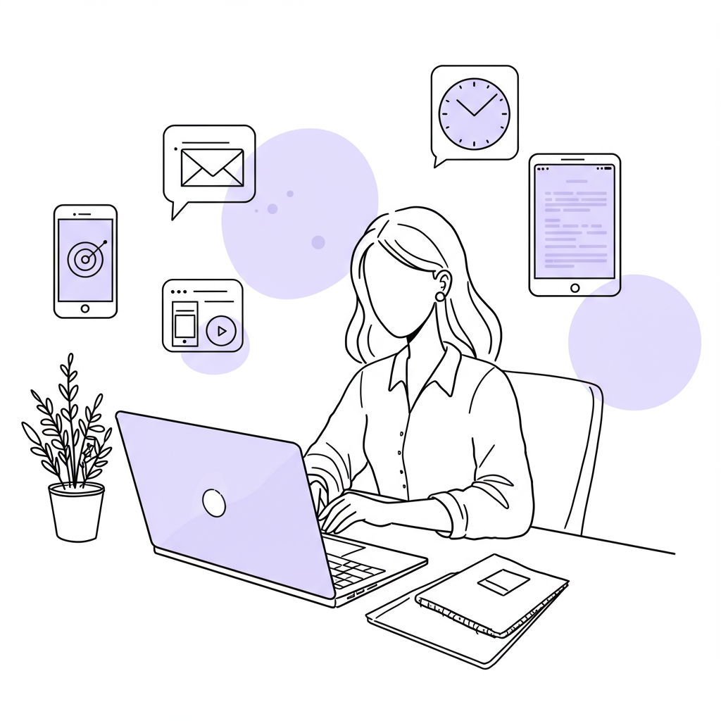 Chic line art: Entrepreneurial mum masters tech in her stylish home office; black and white with pastel purple laptop glow | Femmeprenista