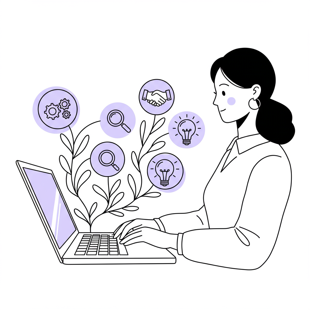 Chic line art: Female entrepreneur's laptop blossoms into a vine symbolizing lean startup growth; pastel purple screen accent | Femmeprenista