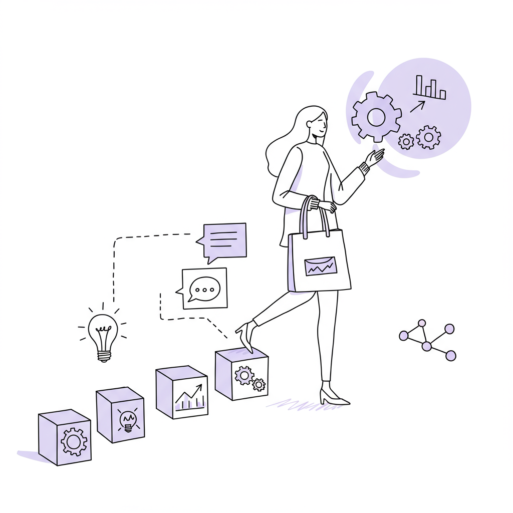 Line art: Woman entrepreneur steps forward on lean startup path; pastel purple tote bag highlights resourcefulness | Femmeprenista