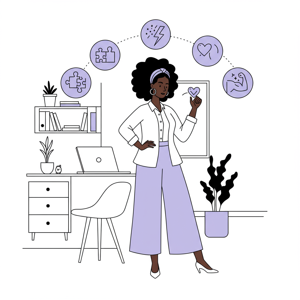 Line art: Stylish Black mum entrepreneur's aura of skills; Adaptability, quick thinking, resilience, authentic connection (purple heart) | Femmeprenista