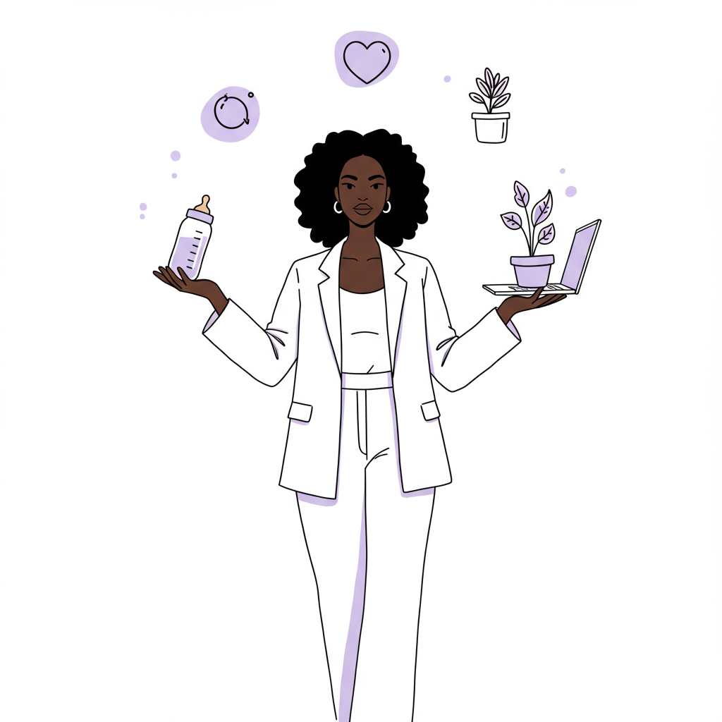 Line art: Black mum entrepreneur elegantly juggling baby bottle, laptop (with purple screen), and plant, balanced and chic | Femmeprenista