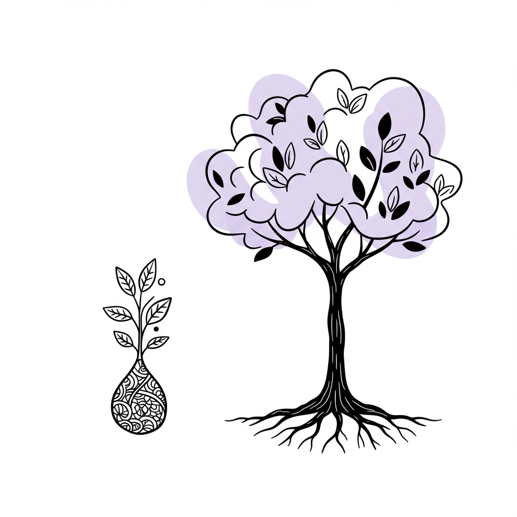 Line art: Seed growing into a flourishing tree symbolizing DFY to group program business model; pastel purple tree leaves | Femmeprenista
