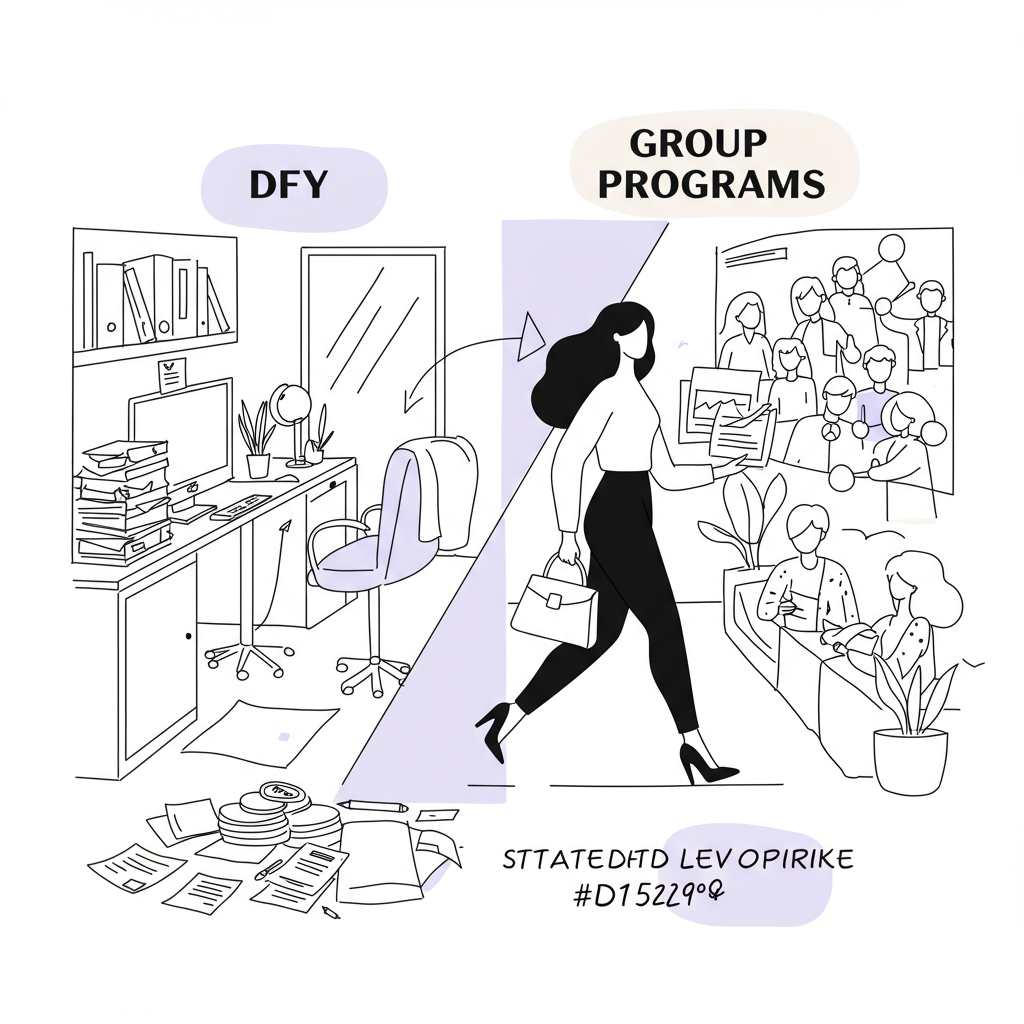 Line art: Entrepreneur stepping from busy DFY to scalable group programs; pastel purple handbag highlights transformation | Femmeprenista