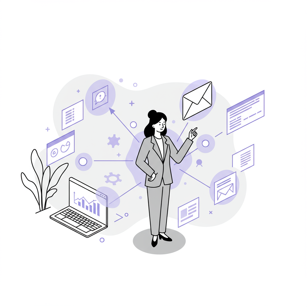 Modern line art: Asian female CEO orchestrating AI email automation. Black, white, pastel purple diagram. Empowering business growth | Femmeprenista