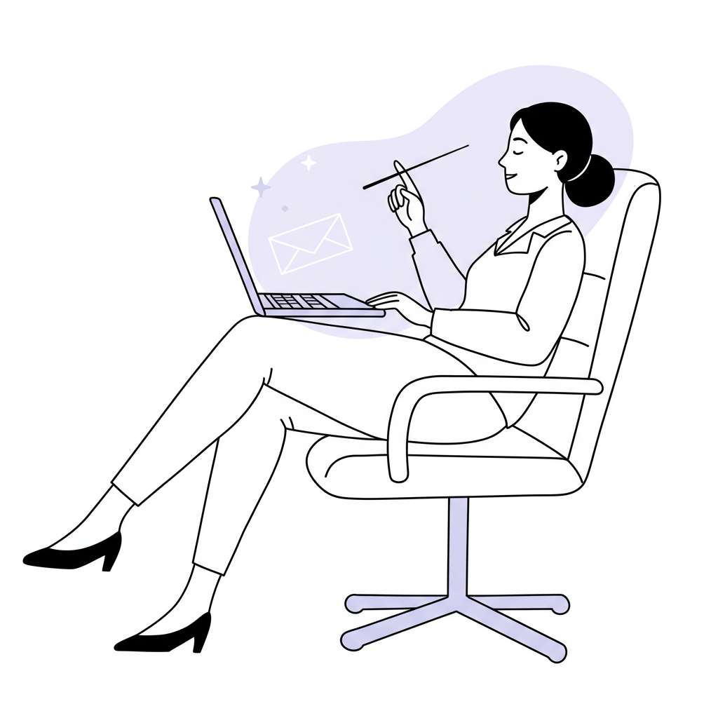 Chic line art: Female entrepreneur peacefully conducts her business, AI-powered laptop with pastel purple halo | Femmeprenista