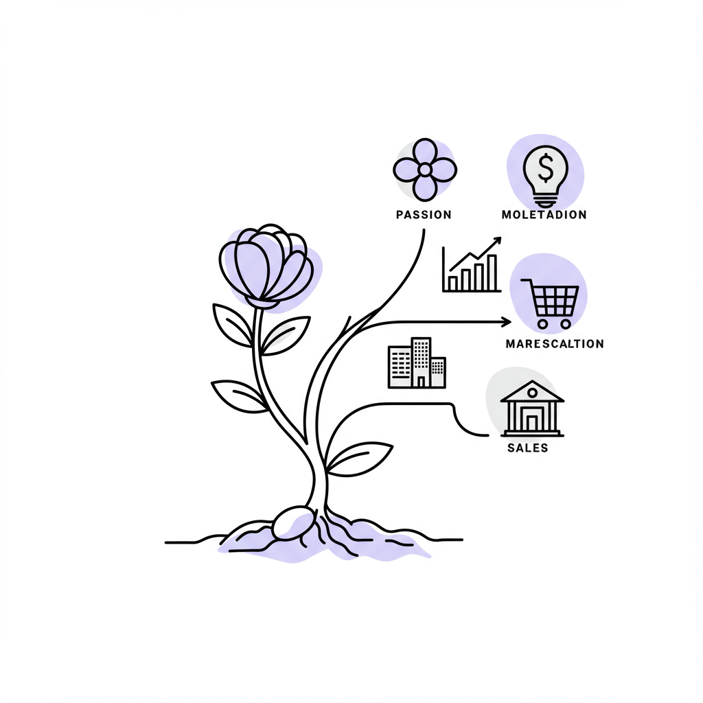 Line art: Sprouting seed splits into 'Passion' (fragile flower, pastel purple) & 'Market Validation' (strong stem to business success) | Femmeprenista