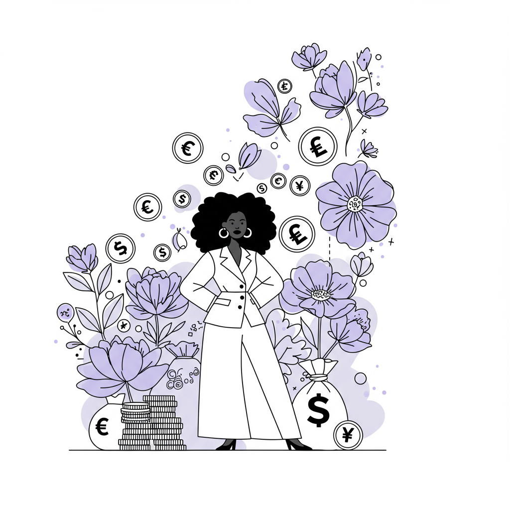 Chic line art: Black female entrepreneur stands before financial symbols transforming into flowers; pastel purple accent blooms | Femmeprenista