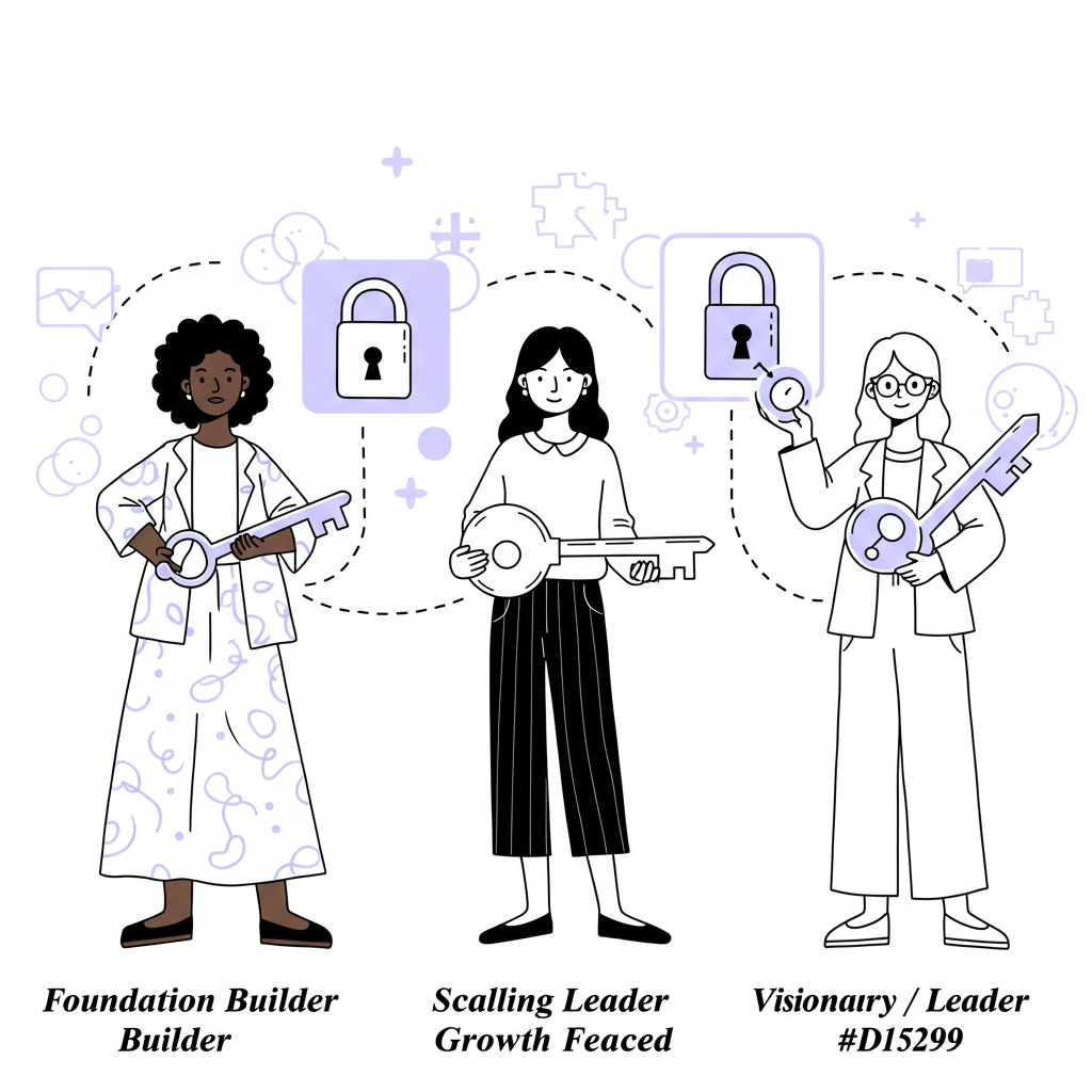 Line art: Three diverse women entrepreneurs unlocking funding with stylized keys; pastel purple accent on one key | Femmeprenista