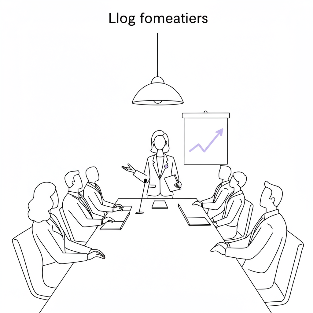 Chic line art: Female founder confidently leading in boardroom, black and white with pastel purple accent on mic | Femmeprenista