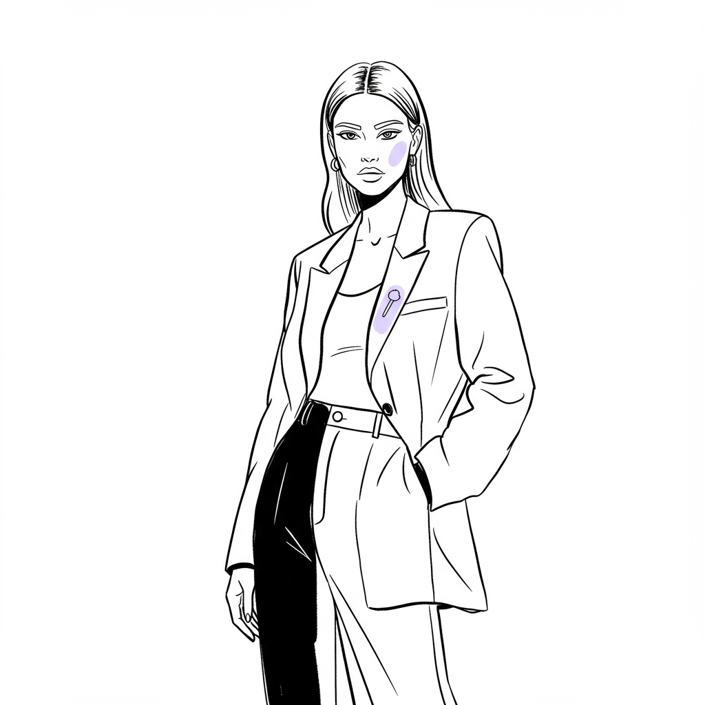 Elegant line art: Confident female leader in blazer; black and white with pastel purple lapel pin accent | Femmeprenista