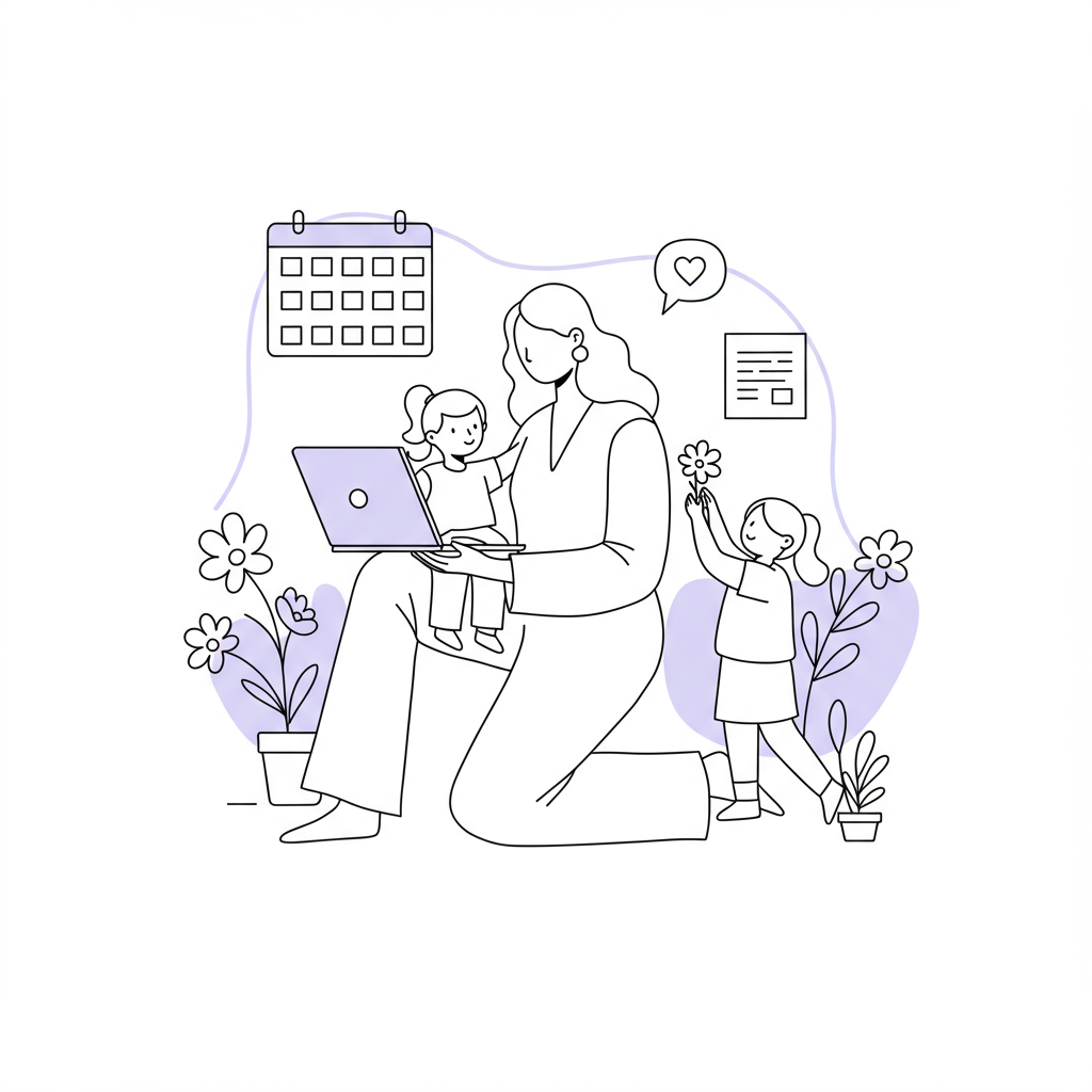 Modern line art: Stylized mum balancing laptop and child; pastel purple flower accent illustrates flexible work-life integration | Femmeprenista