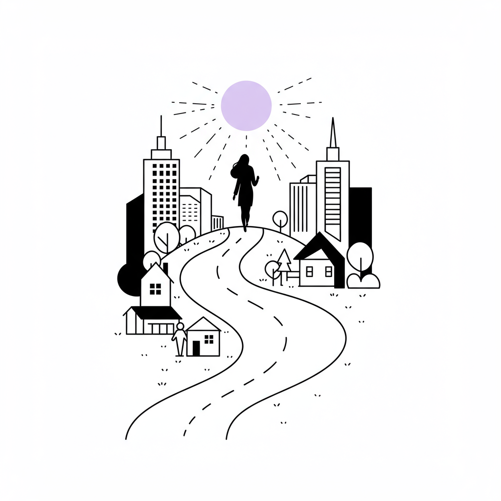 Line art: Road to success for Femmeprenista mums, family and business, sun with pastel purple highlight | Femmeprenista