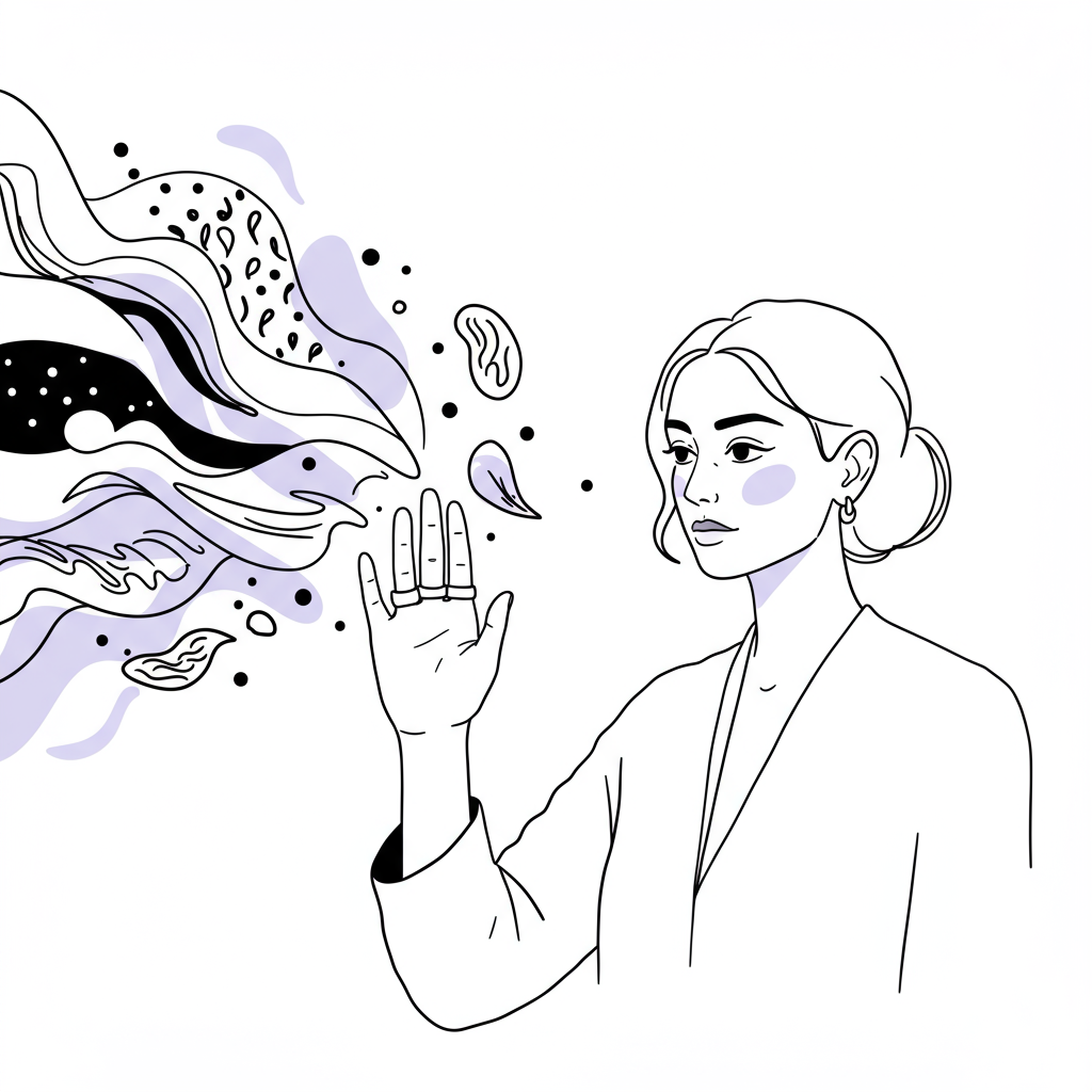 Chic line art: Female entrepreneur confidently stops unsolicited advice; black and white with pastel purple ring highlight | Femmeprenista
