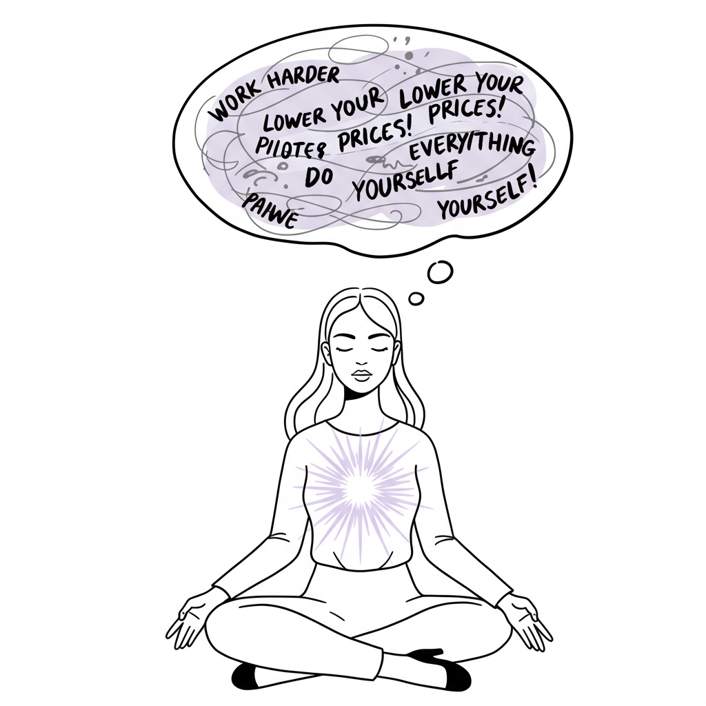 Line art: Businesswoman meditating amidst unsolicited advice, pastel purple core radiates calm | Femmeprenista