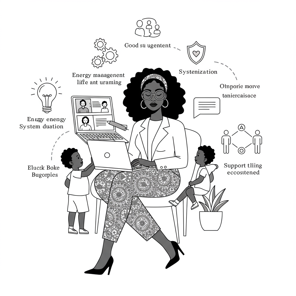 Elegant line art: Black CEO mum managing integrated life and business with grace; pastel purple glasses | Femmeprenista